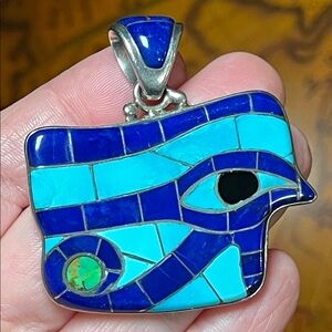 RARE Sajen Gemstone Inlay Sterling Silver Egyptian Eye of Horus Necklace Pendant